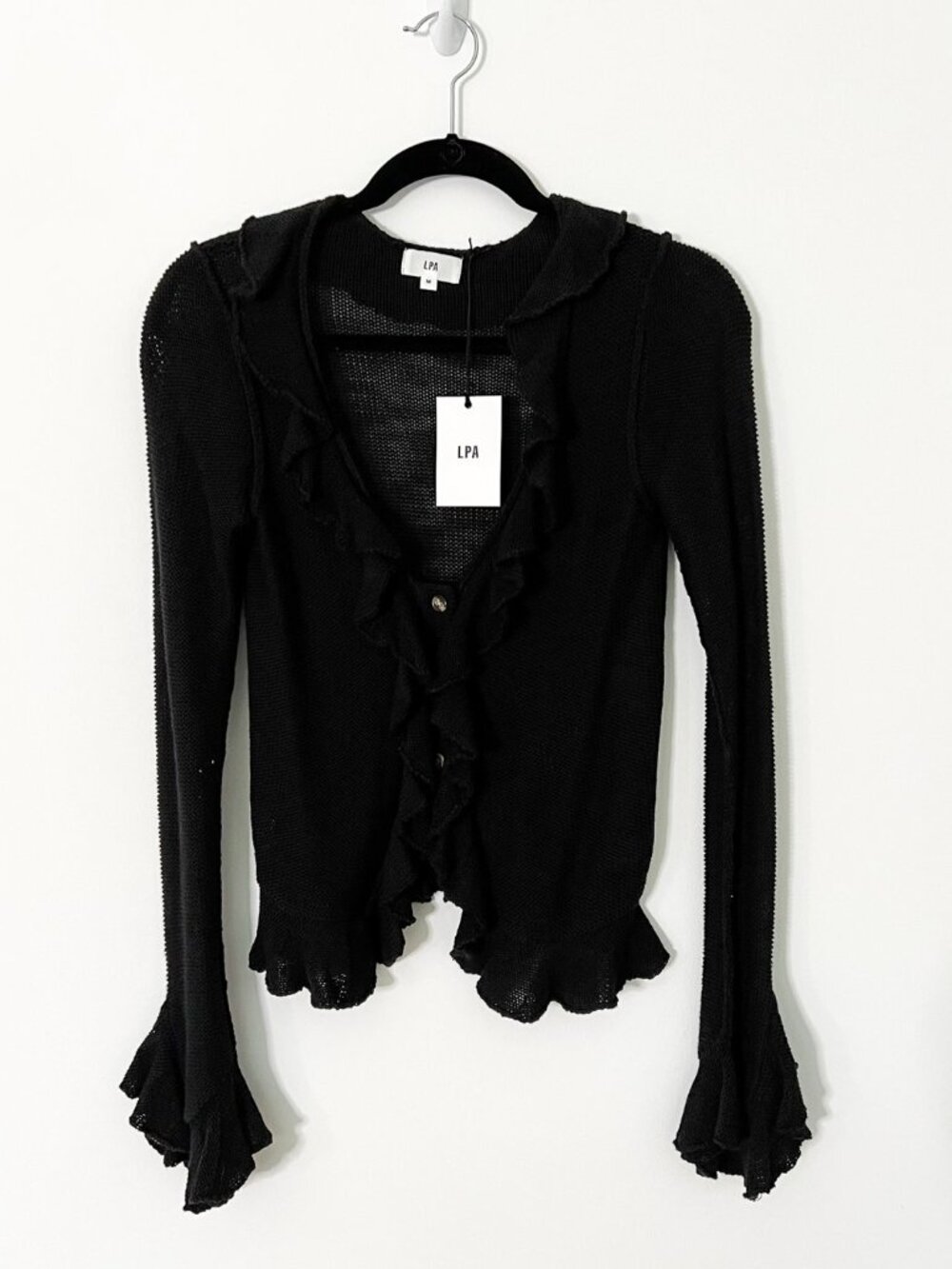 LPA Ruffle Sweater Cardigan Cotton Silk Black Bell Sleeve NWT